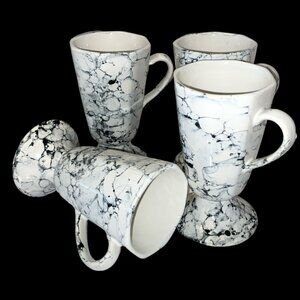 Set of 4 Ceramic Coffee Mugs Cups White and Gray Marble Design